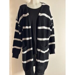 CURVE Black White Stripe Longline Open Front Cardigan Sweater Women's 0XL